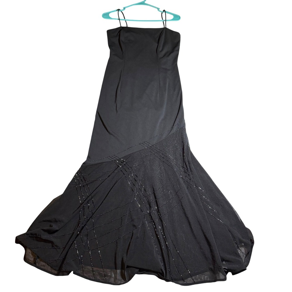 Dave & Johnny Black Beaded Mesh Evening Gown Dress Size 3/4 Vintage Y2K Formal